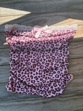 Pink Leopard Lace-Trim TUBE TOP with Bow